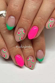 Add a splash of summer fun to your nails with bright pink and green hues, complemented by adorable watermelon nail art. This vibrant and playful design by @nailsbybrooke___ captures the essence of summer, perfect for soaking up the sun in style! Explore the top 25 summer nail design ideas at Nailustrous and level up your nail game now! Watermelon Nail Designs, Watermelon Nail, Teen Nails, Summer Gel Nails, Watermelon Nails, Simple Gel Nails, Summery Nails, Cute Gel Nails, Bright Nails