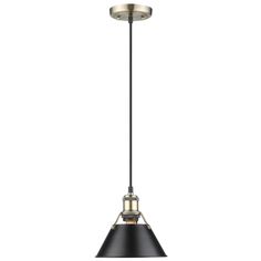 a black and gold pendant light hanging from a ceiling fixture with an open shade on the bottom