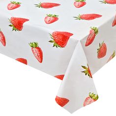 a white table cloth with strawberries on it