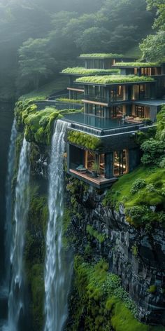 the house is built on top of a waterfall and surrounded by lush green vegetation, with water cascading over it