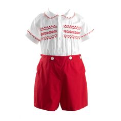 Traditional two-piece smocked shirt and short set. The shirt is hand smocked across the chest with a vintage inspired design. Matching red shorts with button opening at the side - button onto the shirt for a formal look. Also available in navy and French Blue. Coordinating dress also available for older girls and baby Smocked Shirt, Rachel Riley, Shirts For Boys, Hand Smock, Heirloom Sewing, Vintage Inspired Design, Red Shorts, Formal Looks, Short Set