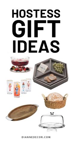 an advertisement for hostess gift ideas with food and drinks on the table, including wine glasses