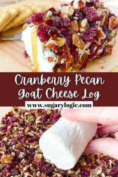 cranberry pecan goat cheese log on a cutting board with text overlay