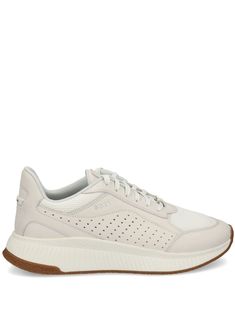 light beige leather panelled design mesh panelling debossed logo to the side logo patch at the tongue signature stripe trim at the heel round toe front lace-up fastening branded insole chunky synthetic rubber sole Cream Mesh Sneakers With Perforations, Cream Leather Sneakers For Light Sports, Cream Leather Sneakers With Boost Midsole, Round Toe Sneakers, Debossed Logo, Chunky Shoes, Latest Sneakers, Synthetic Rubber, Sneakers Blue