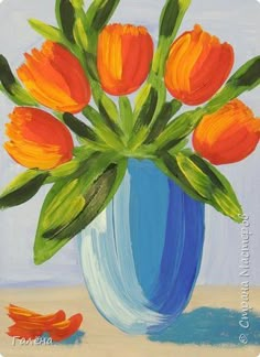 a painting of orange tulips in a blue vase