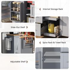 the kitchen cabinet door is open and there are several different items in each drawer, including spice rack & towel rack