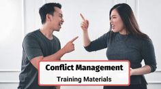 two people standing next to each other with the words conflict management training materials in front of them