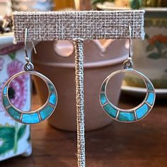 Native American Zuni Exquisite Vintage Mid-Century Teurling Silver Earrings With Blue-Green Turquoise Inlay! Hand Crafted Jewelry, Crafted Jewelry, Green Turquoise, Jewelry Vintage, Turquoise Sterling Silver, Blue And Silver, Handcrafted Jewelry, Jewelry Crafts, Sterling Silver Earrings