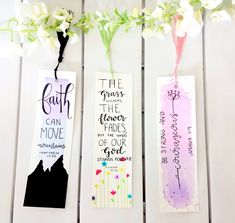 three bookmarks with flowers and the words faith can move