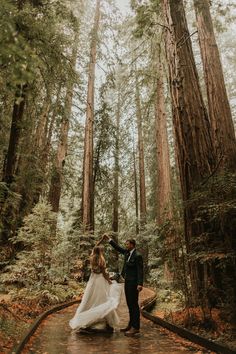 a bride and groom standing in the middle of a forest holding each other's hands