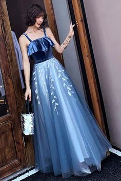 Blue Amazing evening dress Tulle A Line Straps Ankle Length Leaf Lace Formal Homecoming Party Dresses Homecoming Party, Tulle Evening Dress, Dress Tulle, Evening Dresses Elegant, Evening Dresses Long, Party Dresses, Ankle Length, Evening Dress, Homecoming