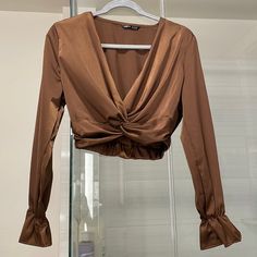 Shein Satin Long Sleeve Blouse, Small, Brown Metallic New In Bag (No Tag) Never Worn, Bought An Extra By Accident Crop Top ~16 Inches Stretchy Band On Blouse Back Bottom Hem Great Quality For Shein Thick Satin Like Material White Bustier, Lace Trim Cami Top, White Corset Top, Blouse Back, Plaid Crop Top, Lace Trim Cami, Frill Tops, Girls Crop Tops, Satin Long Sleeve