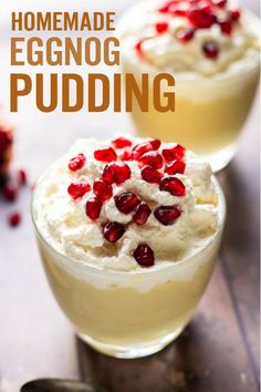 homemade eggnog pudding with pomegranate on top