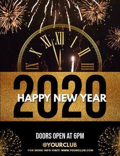 new year's eve party flyer with clock and fireworks in the background that says happy new year