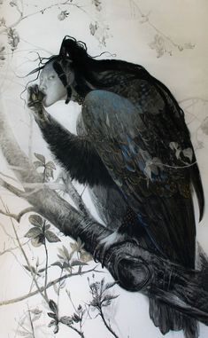 a painting of a woman sitting on top of a tree branch next to a bird