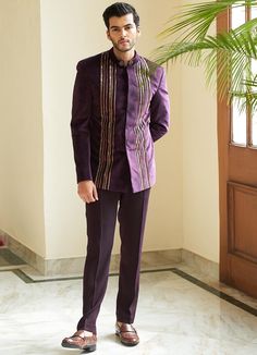 Purple Embellished Bandhgala Set Contrast by Parth - Fabilicious Fashion Blazer For Men Wedding, Linear Embroidery, Mens Indian Wear, Men's Ethnic Wear, Metallic Embroidery, Moroccan Fashion, Engagement Outfit, Indian Wedding Wear, Formal Pants