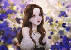 a digital painting of a woman with long brown hair and blue flowers in the background