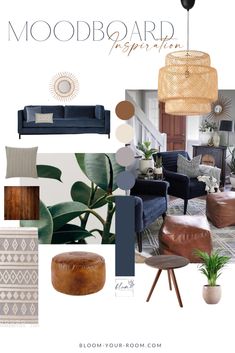 the mood board is full of modern furniture and decor