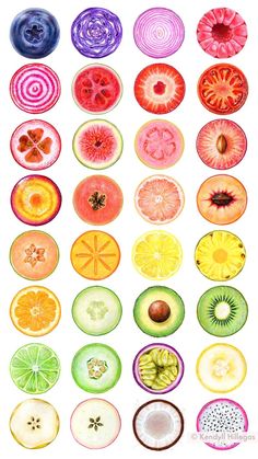 an assortment of different fruits and vegetables painted in watercolor on white paper, each with their own unique color scheme