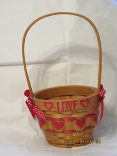 Basket Natural Woven Heart With Tall Handle With LOVE Red Accents - JAMsCraftCloset Heart Basket, Woven Heart, Flower Girl Basket, Country House Decor, Red Accents, Cottage Chic, Country Decor, Picnic Basket, Decorative Wicker Basket