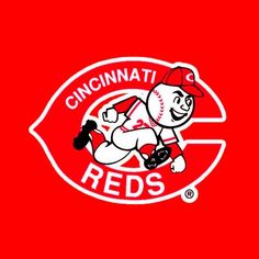 the cincinnati reds logo is shown on a red background with an image of a baseball player