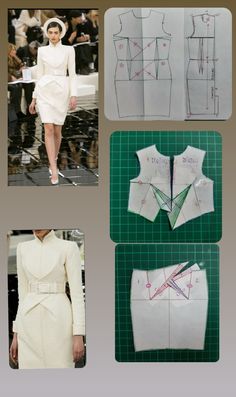 four different pictures of women's clothing and sewing patterns on green cutting mats with people in the background