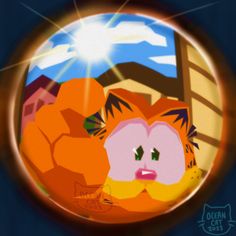 an image of a cartoon cat looking through a magnifying glass window with the sun in the background