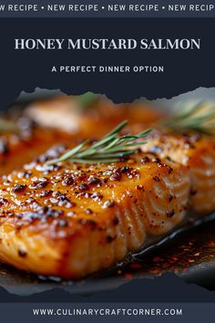 honey mustard salmon on a plate with rosemary garnish