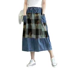 Ready to make a statement? Step out in mode with our 2023 Spring-Summer Collection's Elastic-Waist-Painted Denim Skirt ââ‚?a perfect blend of urban style and cool-girl vibes!Why You Need This PieceA must-have for the season. this skirt is crafted with high-quality denim and features a high-waist. long silhouette with drawstrings closure. giving you the perfect fit for a sophisticated and effortless look. Accented with a unique painted design. this piece will make a statement and have heads turni Trendy Patchwork Skirt For Summer, Trendy Patchwork Summer Skirt, Trendy Summer Patchwork Skirt, Denim Blue Patchwork Skirt For Summer, Summer Denim Blue Patchwork Skirt, Spring Denim Patchwork Skirt, High Waist Cotton Skirt For Summer, Summer Patchwork Denim Skirt, Summer Patchwork Denim Skirt In Denim Blue