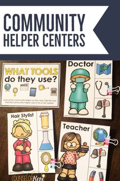 the community helper center is filled with posters and clippings for students to use