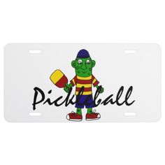 a white license plate with a cartoon character holding a baseball bat and ball in it's hand