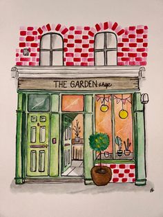 Peinture à l'aquarelle d'une petite boutique de plantes avec son mur de briques rouges. Small Plant Shop, Donut Drawing, Aquarelle Painting, Red Brick Wall, Watercolor Beginner, Plant Shop, Cute Food Drawings, Shop Illustration, Abstract Art Painting Diy