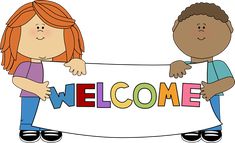 two children holding a welcome sign with the word welcome written on it in multicolored letters