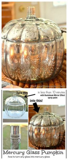 a glass pumpkin is shown with instructions for how to make it