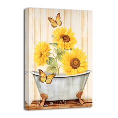 a painting of sunflowers in a bathtub with butterflies on the wall behind it