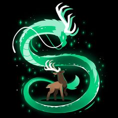 a green and white dragon sitting on top of a deer