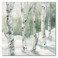 watercolor painting of trees in the snow