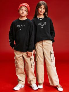 crew neck long sleeves logo graphic at front it's a big deal relaxed fit hits below waist both models wear size mmachine wash according to the care instruction label Kids Part, Family Pajamas, Family Maternity, Jack Black, Christian Shirts, 30th Birthday, Big Deal, Logo Graphic, Toddler Boys