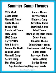 the summer camp theme is shown in black and white, with blue trimmings