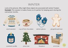 an image of winter items that are in english and spanish words with pictures on them