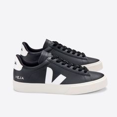 Veja Has A Strong Focus On Transparency, Fair Trade And Environmental Responsibility. These 'Campo' Sneakers Are Made From Black Leather With Contrasting White 'V' Logos And Heel Tabs Stamped With The Brand's Moniker. The Thick Sole Is Created Using Wild Rubber Harvested From The Amazon Rainforest. Wear Them With Feminine Dresses Or Jeans Leather Branding, Brazil Team, Veja Shoes, V Logo, Velcro Sneakers, Veja Sneakers, Leather Trainers, Vans Sneakers, Hummel Sneaker