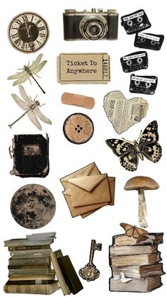 an assortment of old fashioned items including books, keys, and other things on a white background