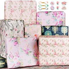 several different types of wrapping paper with scissors