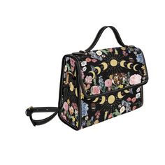 BLACK FLORAL MOON PHASE SATCHEL BAG 18.94 Oz. Made from high-grade waterproof canvas, durable, water-resistant. Can be used as a nice laptop iPad storage bag, business briefcase, college school bag, leisure travel tote bag, crossbody messenger bag, card wallet case, etc. Two interior pockets for small items one zipper pocket. Removable and adjustable shoulder strap. The shoulder strap of the bag are brown. Dimensions: 10.8"(L) x 4.13"(W) x 7.87"(H) x 2.75"(Hand Drop). The shoulder strap length i Black Satchel Shoulder Bag For Study, Rectangular Laptop Bag For Students, Rectangular Study Bag With Laptop Sleeve, Black School Bag With Laptop Sleeve, Rectangular Portable Briefcase For School, Portable Black Rectangular Laptop Bag, Portable Black Rectangular Briefcase, College School Bag, Ipad Storage