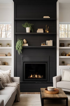 40+ Black Shiplap Fireplace Ideas to Create a Relaxing Retreat Fireplace Without Mantle, Black Tile Fireplace, Black Shiplap Fireplace, Black Fireplace Wall, Modern Mantle, Black Fireplace, Shiplap Fireplace, White Fireplace