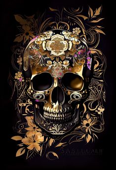 a skull with flowers on it's head is shown in gold and black colors