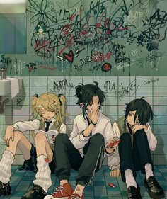 three anime characters sitting on the floor in front of graffiti covered walls and urinals