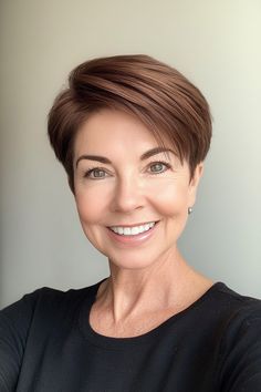 Click for More ➡️ | Save for Later ❤️Sleek and sophisticated, this espresso brown pixie cut enhances shine and provides a smooth, classic silhouette. (Espresso Brown Sleek Pixie - Short Pixie Haircuts For Older Women)