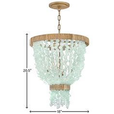 a chandelier with beads hanging from it's side and measurements for the light fixture