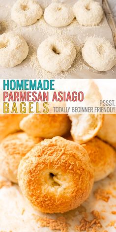 homemade parmesan asiago bagels on a baking sheet and in a pan